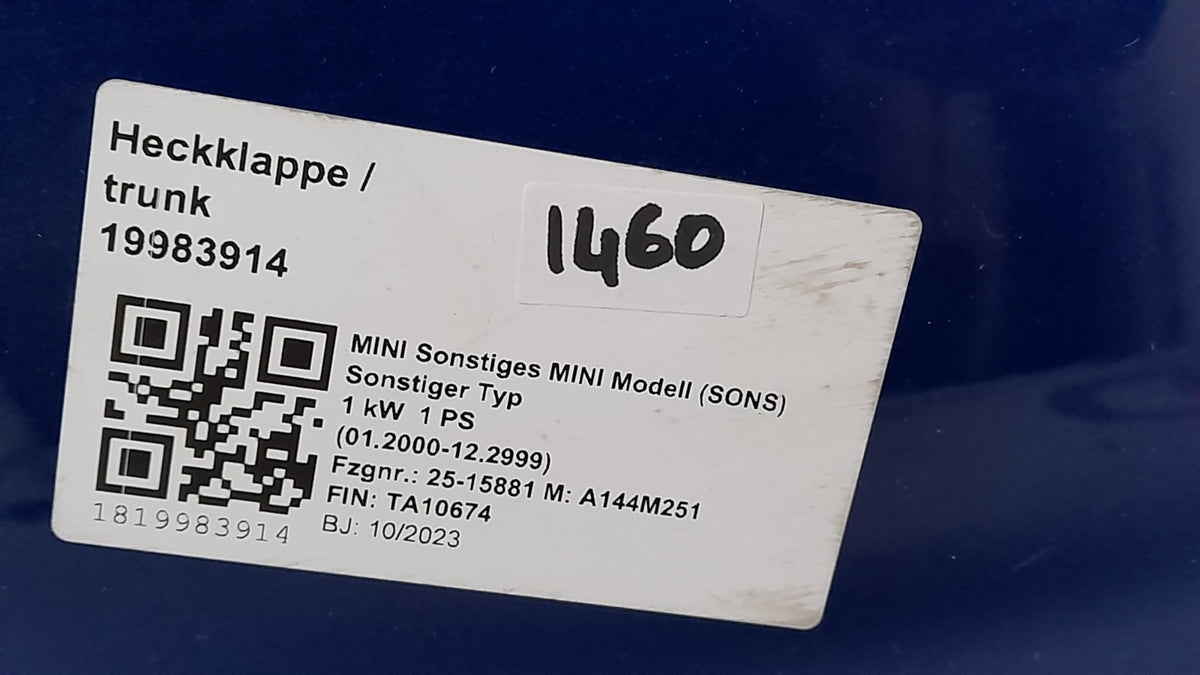 Original MINI Cooper SE J01 Heckklappe mit Kamera Blazing Blue 9648515
