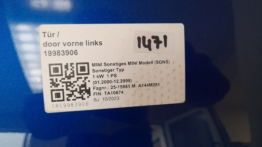 Original MINI Cooper J01 Vordertür links 41009650276 Blazing Blue mit Kamera