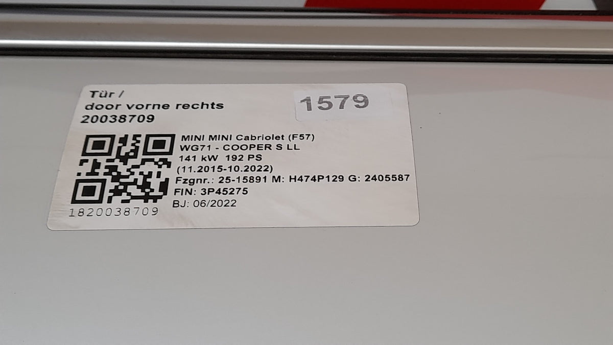 Original MINI Cabrio Sport F57 Tür vorne rechts, right door, Nanuq White 7294266