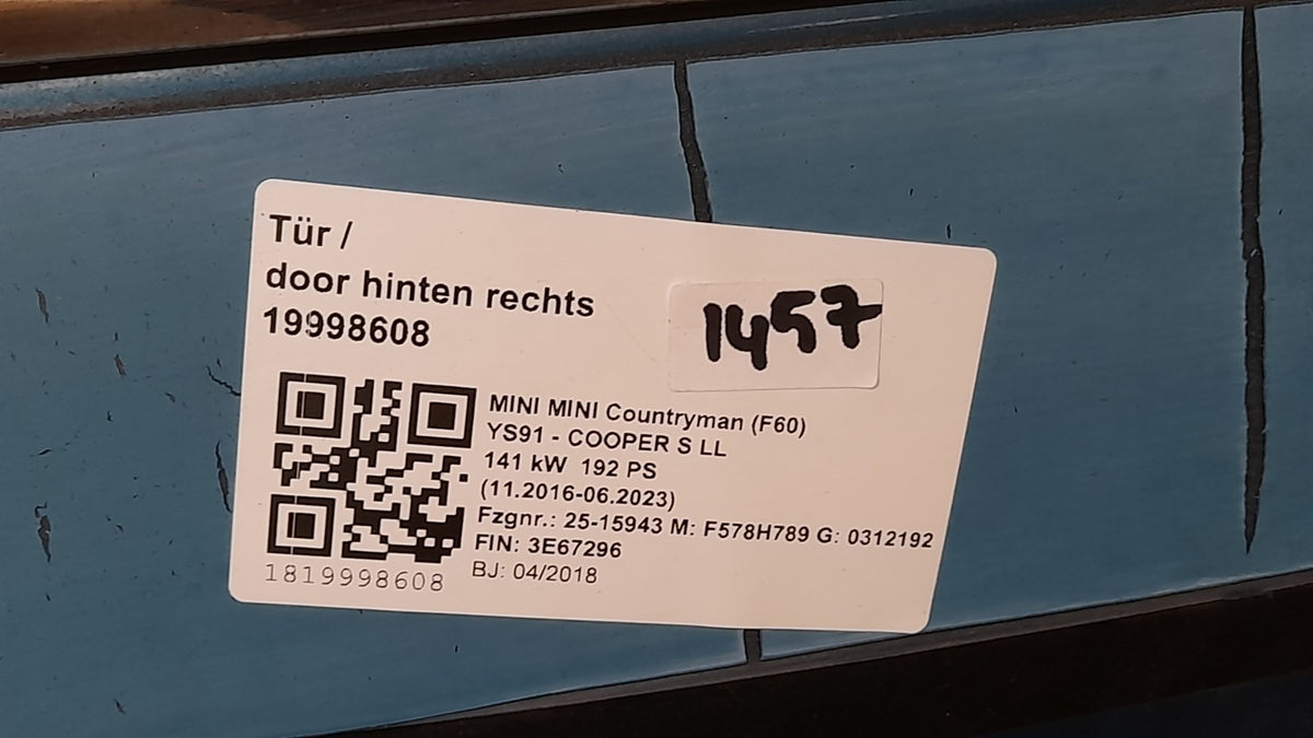 Original Tür MINI Countryman F60 7438598 hinten rechts, island-blue metallic