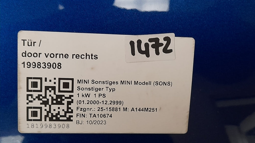 Original MINI Cooper J01 Vordertür rechts 41009650274 Blazing Blue mit Kamera