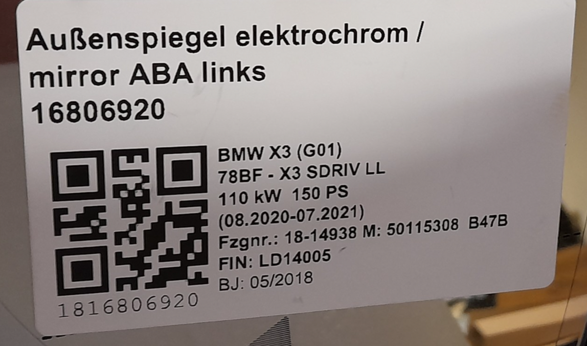 Original BMW X3 G01 Außenspiegel links mit Kamera / outside mirror left