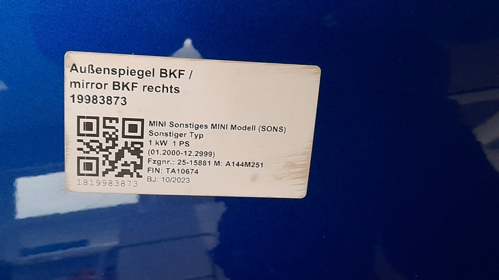 Original MINI Cooper J01 Vordertür rechts 41009650274 Blazing Blue mit Kamera