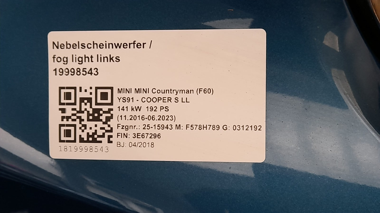 Mini Countryman F60 Stoßfänger Sport vorne island blue matallic, Stoßstange