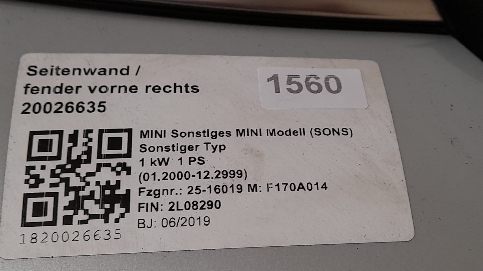 Mini Cooper SE F56 Seitenwand rechts Kotflügel white-silver metallic 7374522 [259]