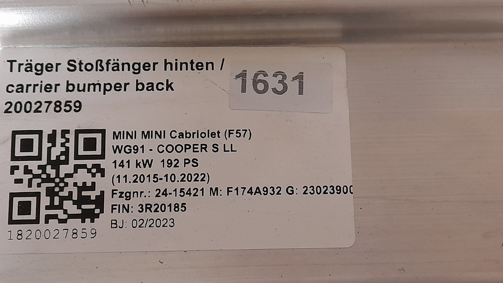 Original BMW Mini F56 F57 Träger Stossfänger hinten 7302552 Carrier, bumper rear