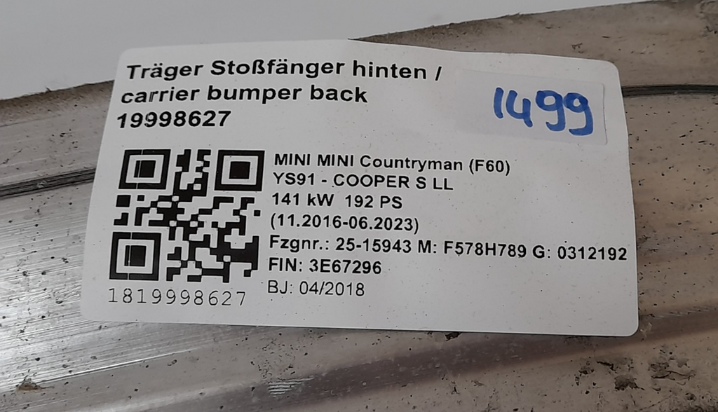 Original BMW MINI F60 TS738937506 TRAEGER STOSSFAENGER HINTEN