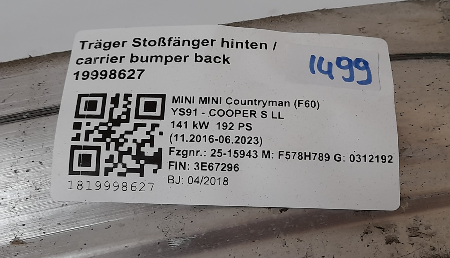 Original BMW MINI F60 TS738937506 TRAEGER STOSSFAENGER HINTEN