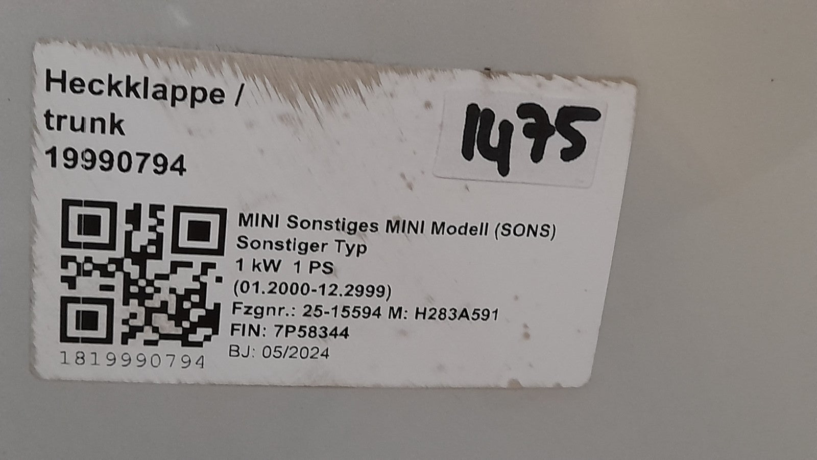 Orig. Mini Countryman U25 Hecklappe Trunk lid Hinten Kamera SMOKEY GREEN 5A42CB8