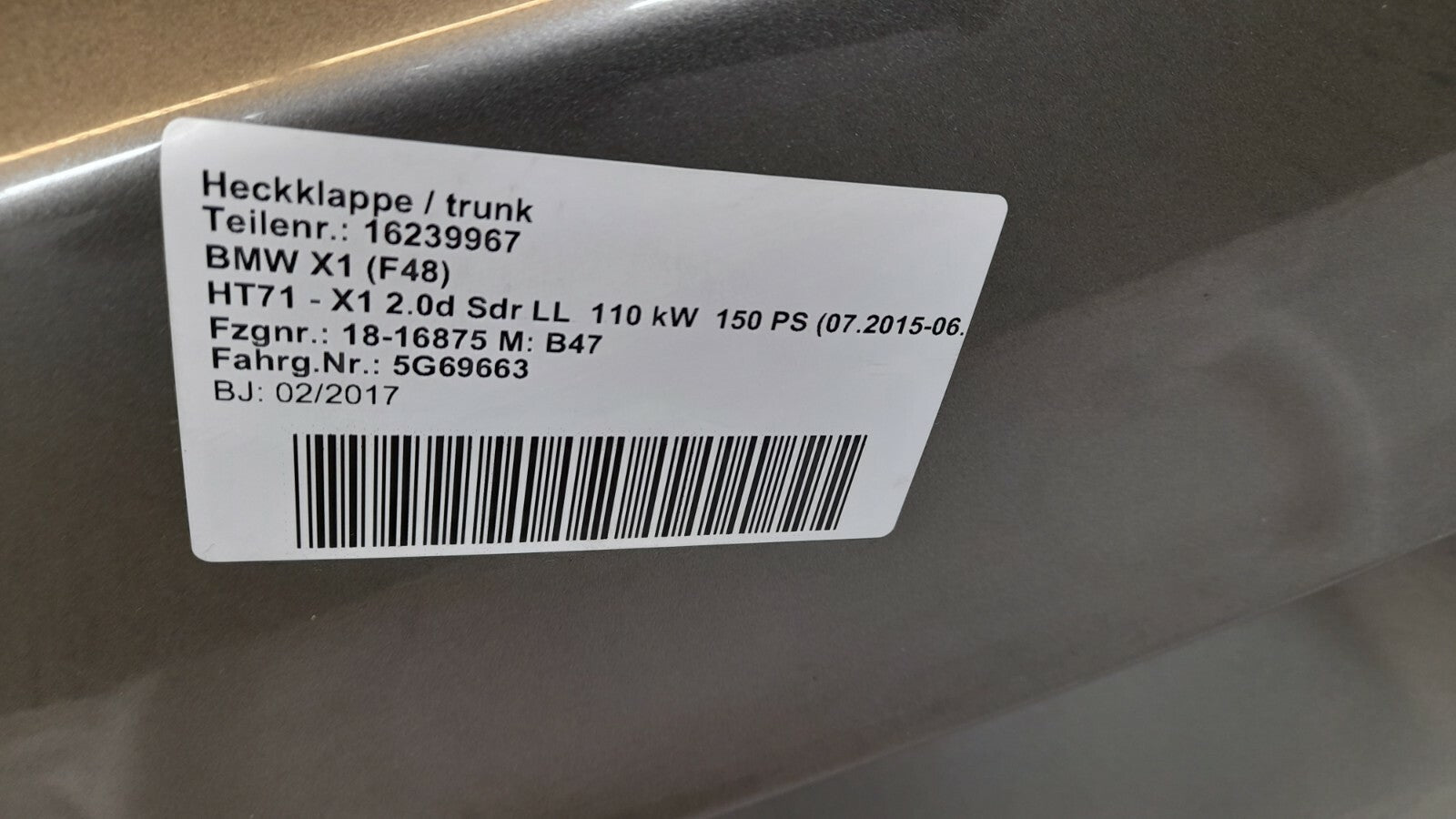 Original BMW X1 F48 2.0d Heckklappe C08 platin silber metallic Trunk 41007350826