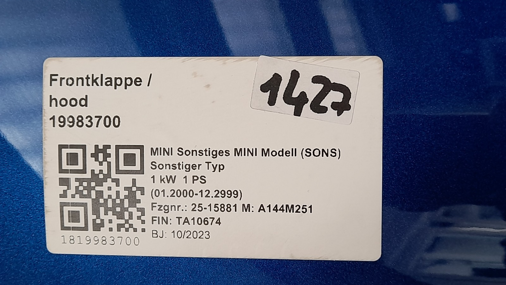 Original Mini J01 Cooper  SE Motorhaube Frontklappe  hood Blazing blue 9640649