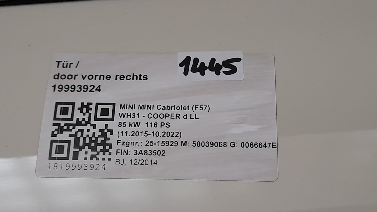 Tür Mini MINI F56 -F66, F67-F57 Cabrio 7294266 Rechts Vorne Door pepper-white