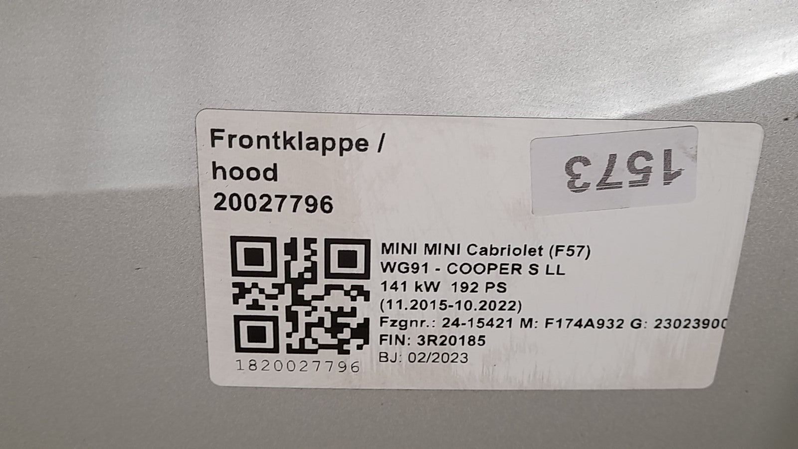 Mini Cabriolet F57 Motorhaube Front klappe hood white-silver metallic 8499869