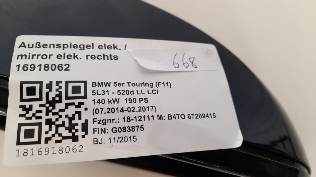 Original BMW 5er Touring F 11 Mirror Außenspiegel transanit-blau metallic blau