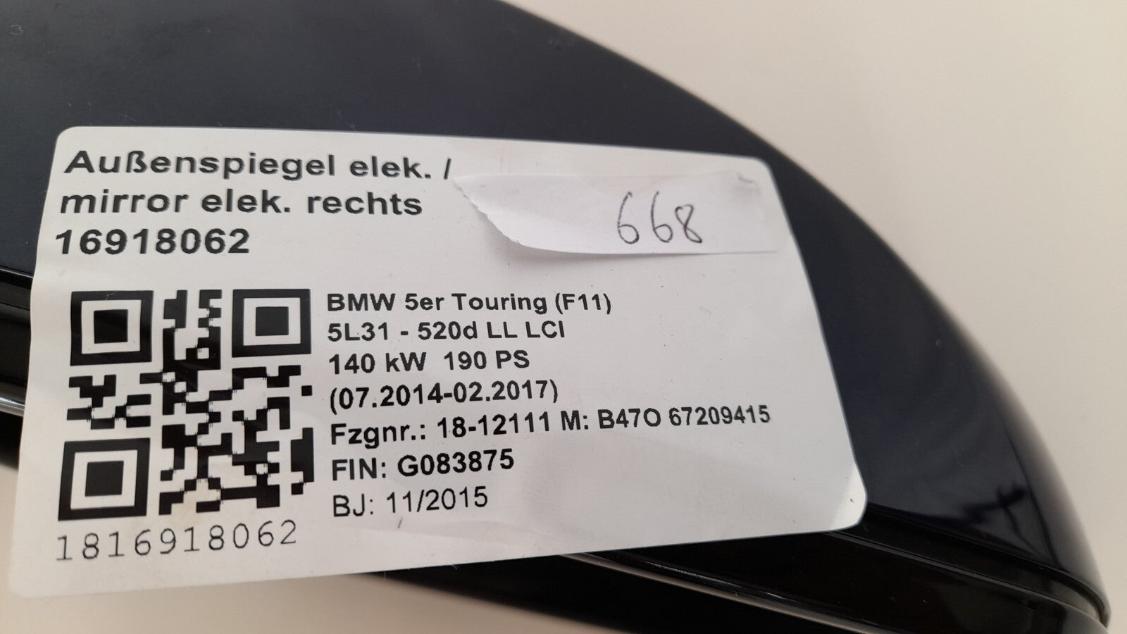 Original BMW 5er Touring F 11 Mirror Außenspiegel transanit-blau metallic blau