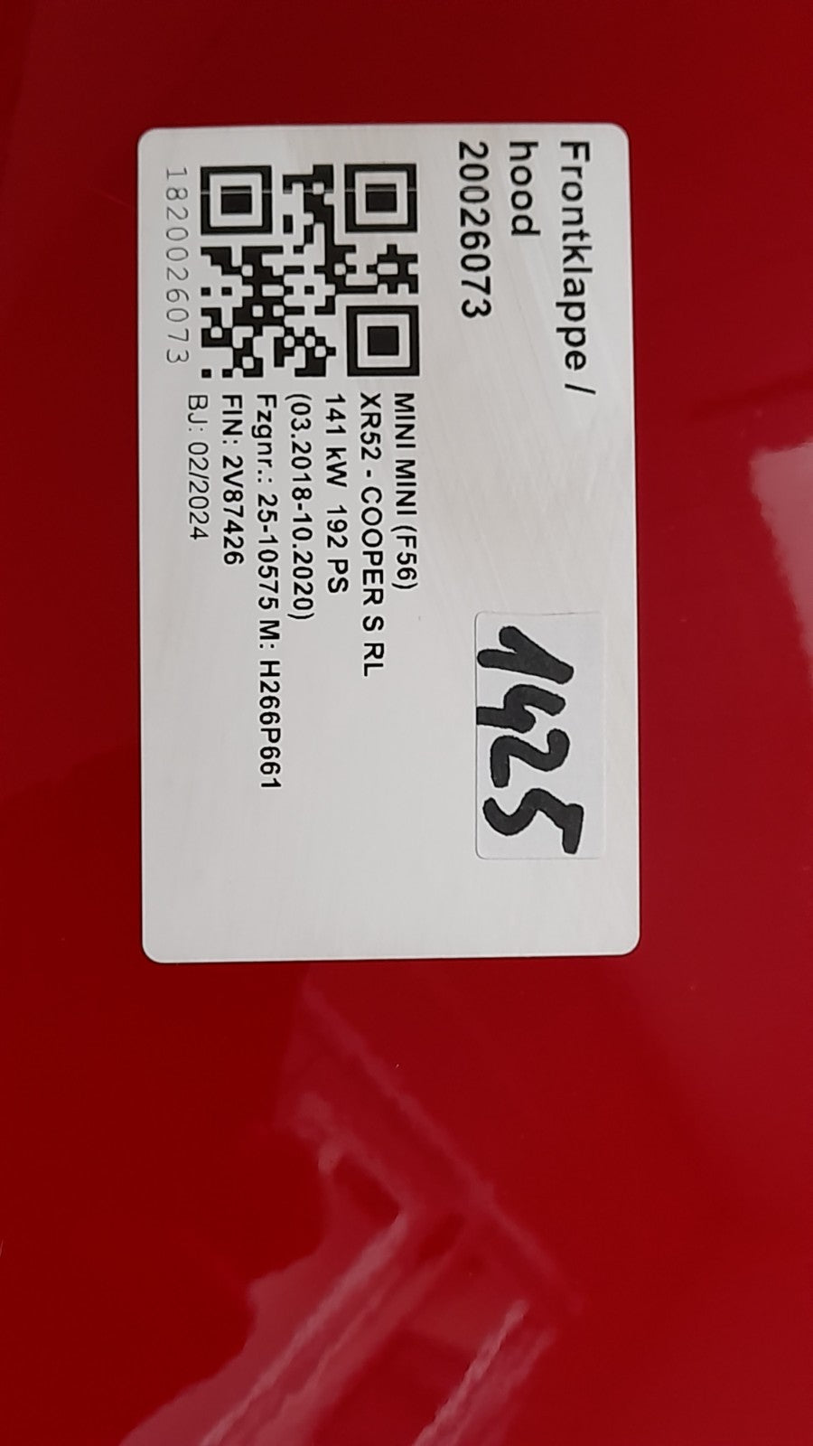Mini F65 F66 F67  COOPER S Frontklappe Motorhaube hood  CHILI RED 41619629203