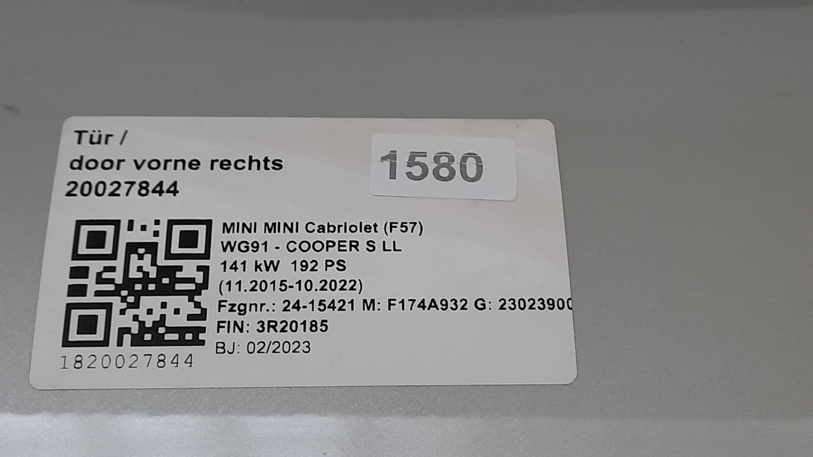Mini Cabriolet F57 Tür vorne rechts white-silver metallic right door 7294266