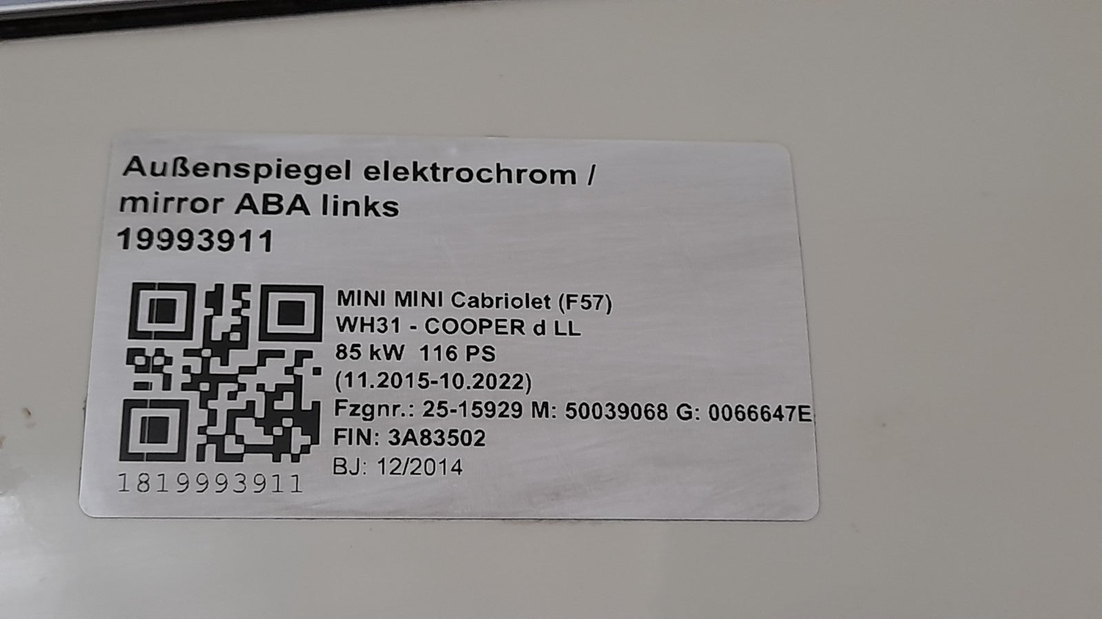 Tür Mini MINI F56 -F66, F67-F57 Cabrio 7294265 Links Vorne Door pepper-white