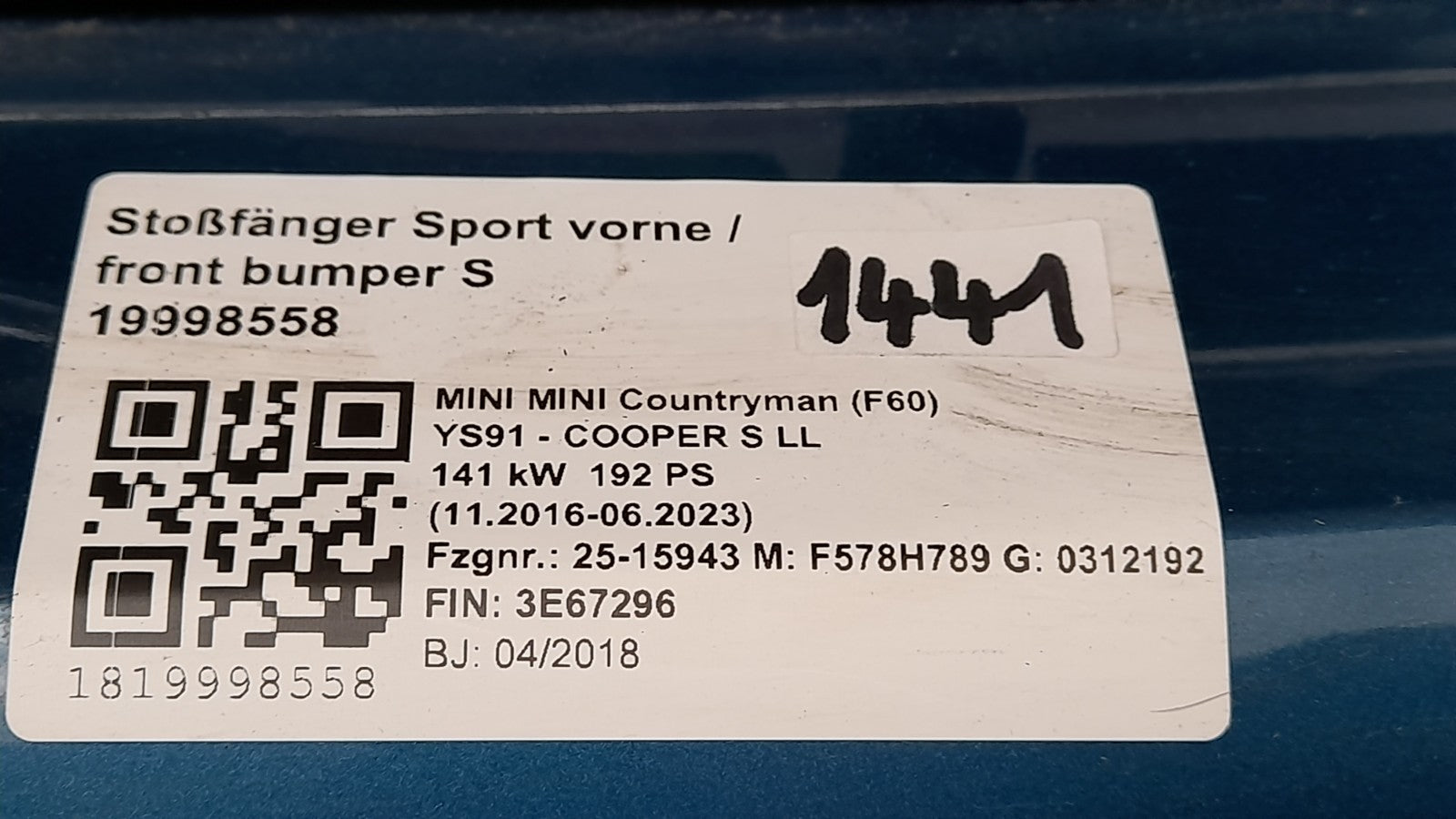 Mini Countryman F60 Stoßfänger Sport vorne island blue matallic, Stoßstange