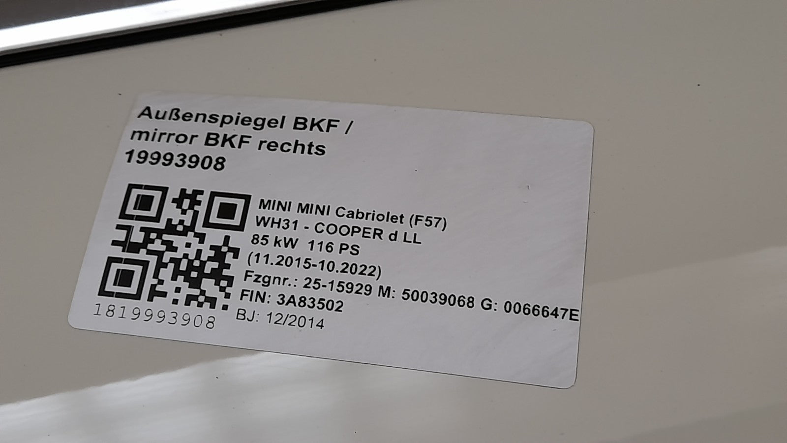 Tür Mini MINI F56 -F66, F67-F57 Cabrio 7294266 Rechts Vorne Door pepper-white