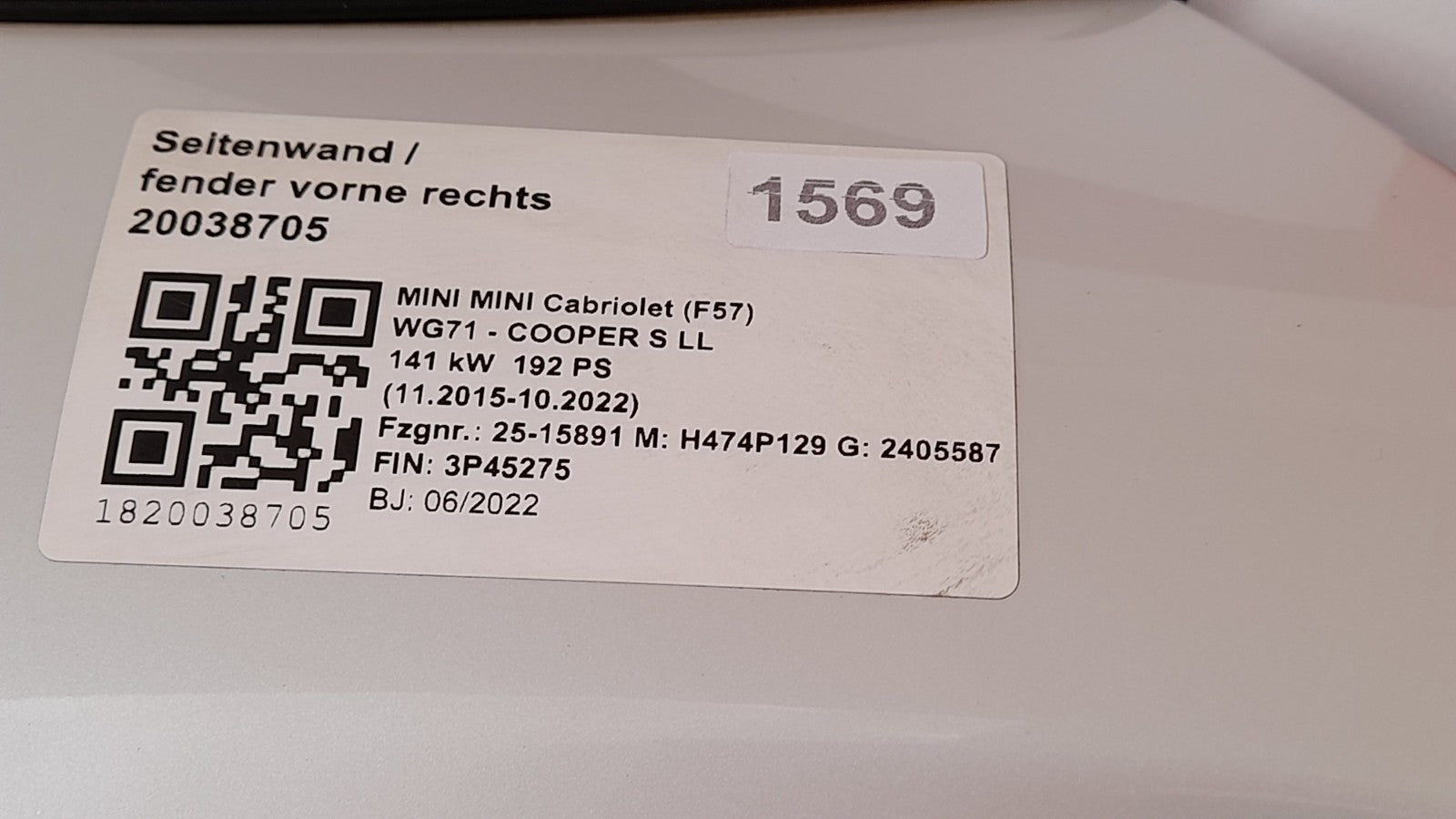 Mini Cabriolet Sport F57 Seitenwand Kotflügel Fender rechts Nanuq White 7374522