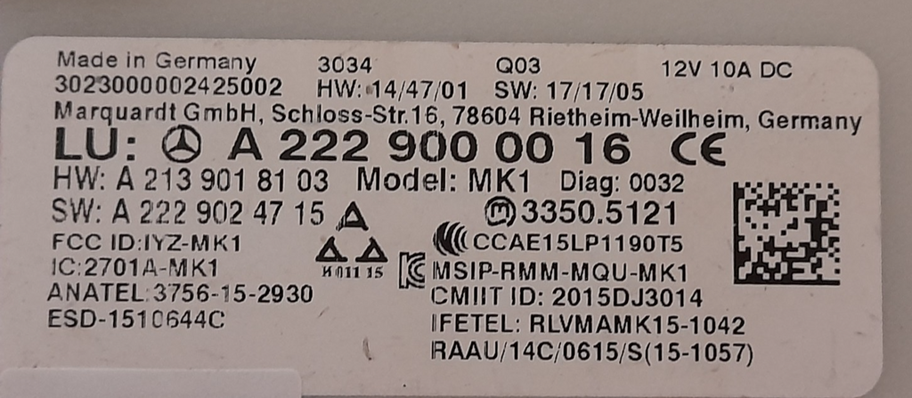 MERCEDES-BENZ  W222, W213,V222, X222 Schlüsselloses Steuergerät A2229000016
