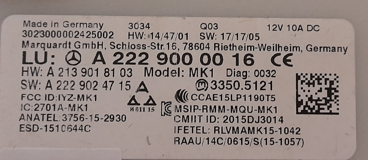 MERCEDES-BENZ  W222, W213,V222, X222 Schlüsselloses Steuergerät A2229000016