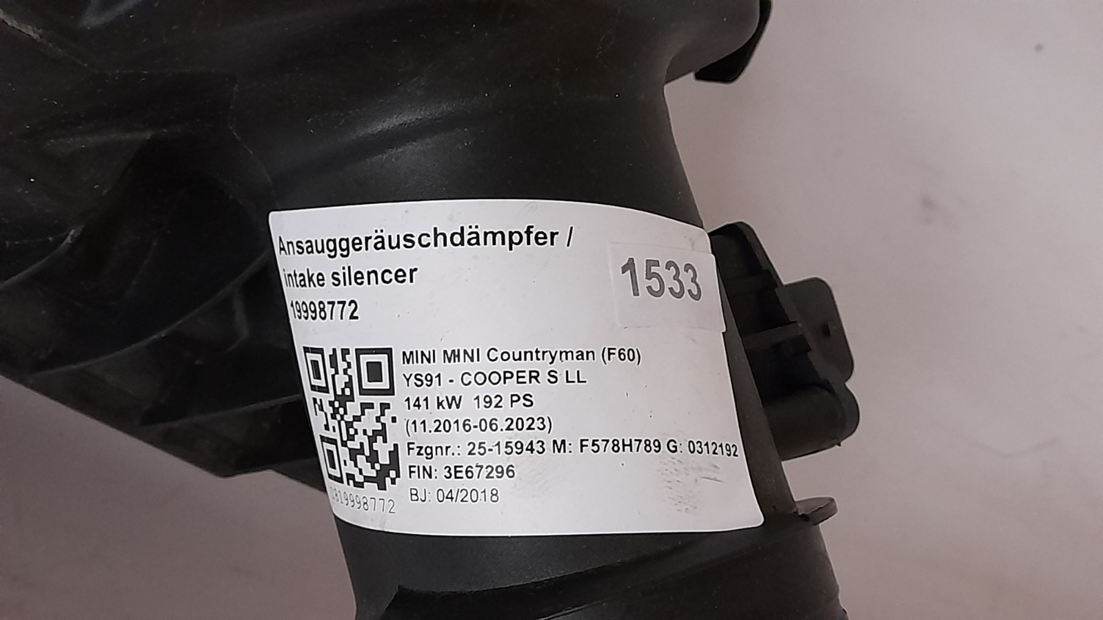 Original BMW  Mini Countryman F60 Ansauggeräuschdämpfer  8655834 mit Luftfilter [290]