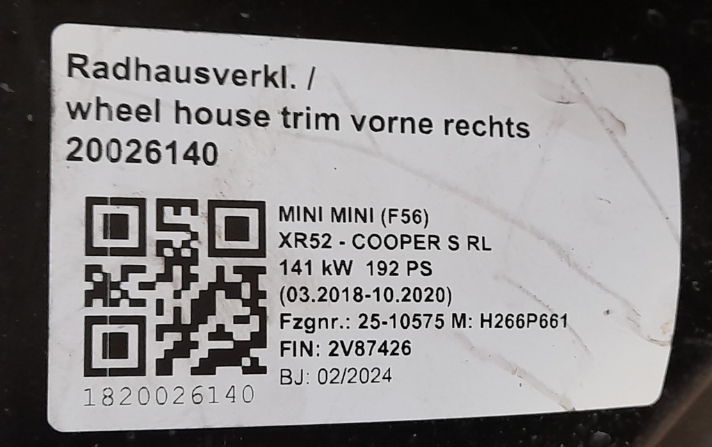 Original MINI F56 F66 F65 Radhausverkleidung rechts vorne 51719629096