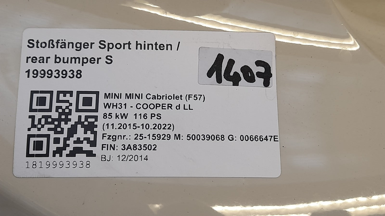 Mini Cabriolet F57 Cooper D Stoßfänger hinten S PDC, rear bumper, pepper-white