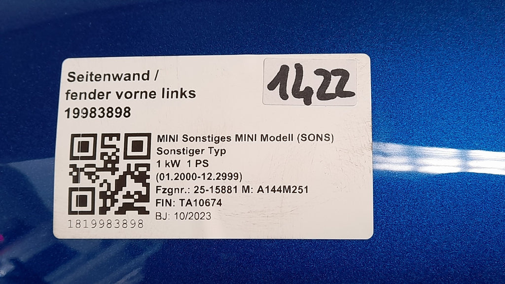 Orig. Mini J01 Cooper SE Seitenwand Kotflügel Fender links Blazing blue 9640591