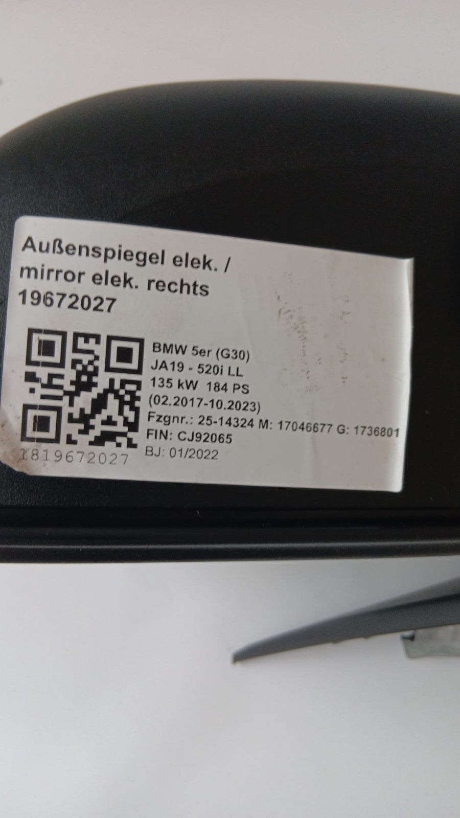 BMW 5er G30 G31 G38 Aussenspiegel beheizt Memory Bus rechts 51167485122