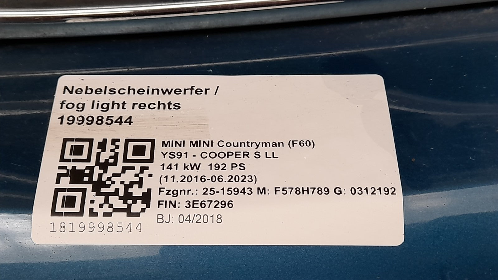 Mini Countryman F60 Stoßfänger Sport vorne island blue matallic, Stoßstange