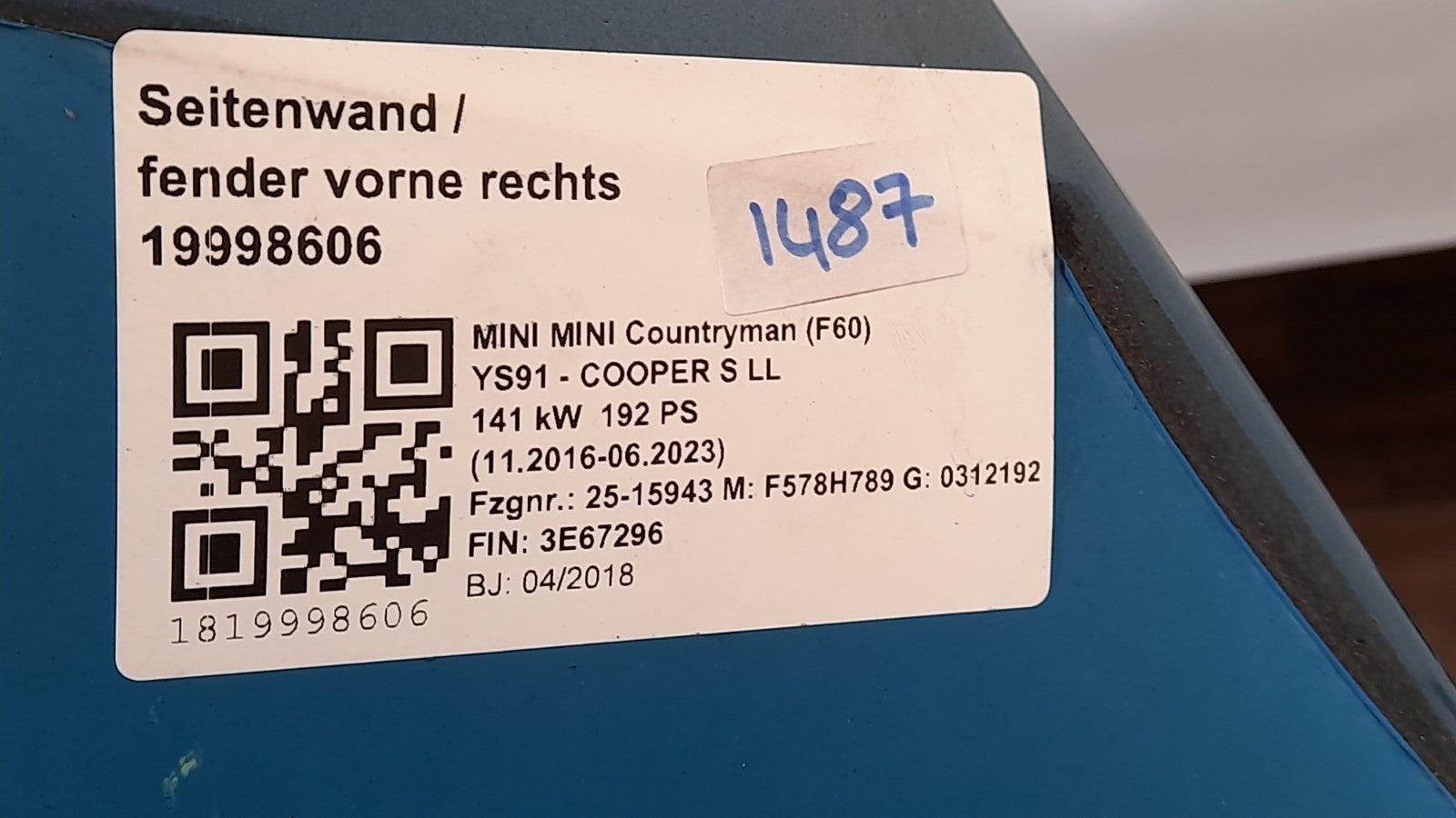 Org. MINI Countryman F60 Seitenwand Kotflügel Fender rechts island-blue metallic