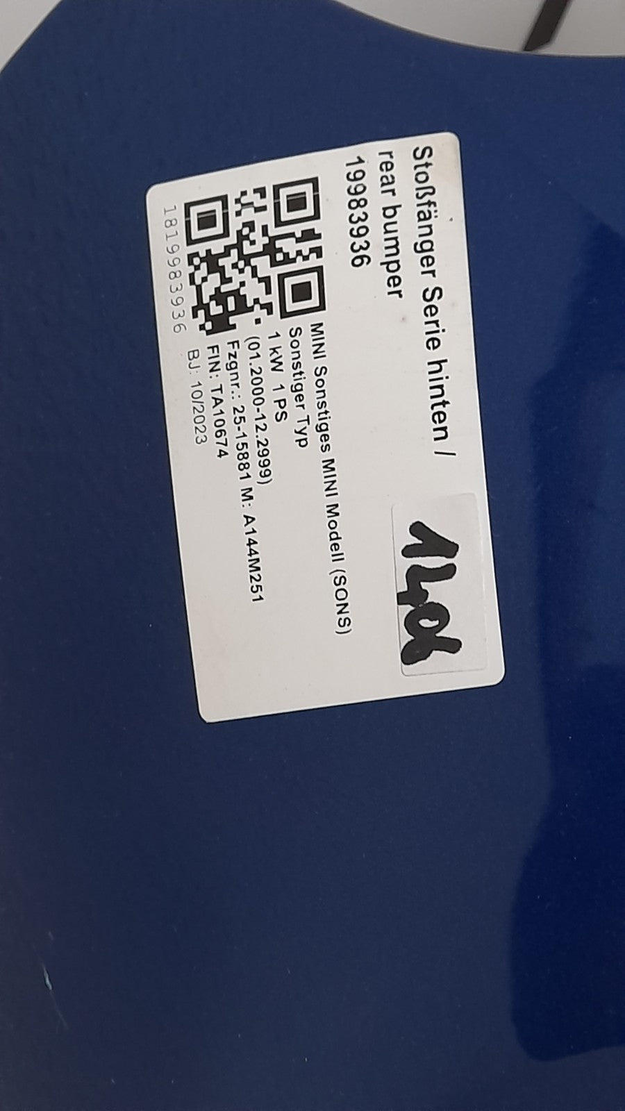 Original Mini J01 Cooper SE hinten Stoßstange bumper Blazing blue PDC KAMERA