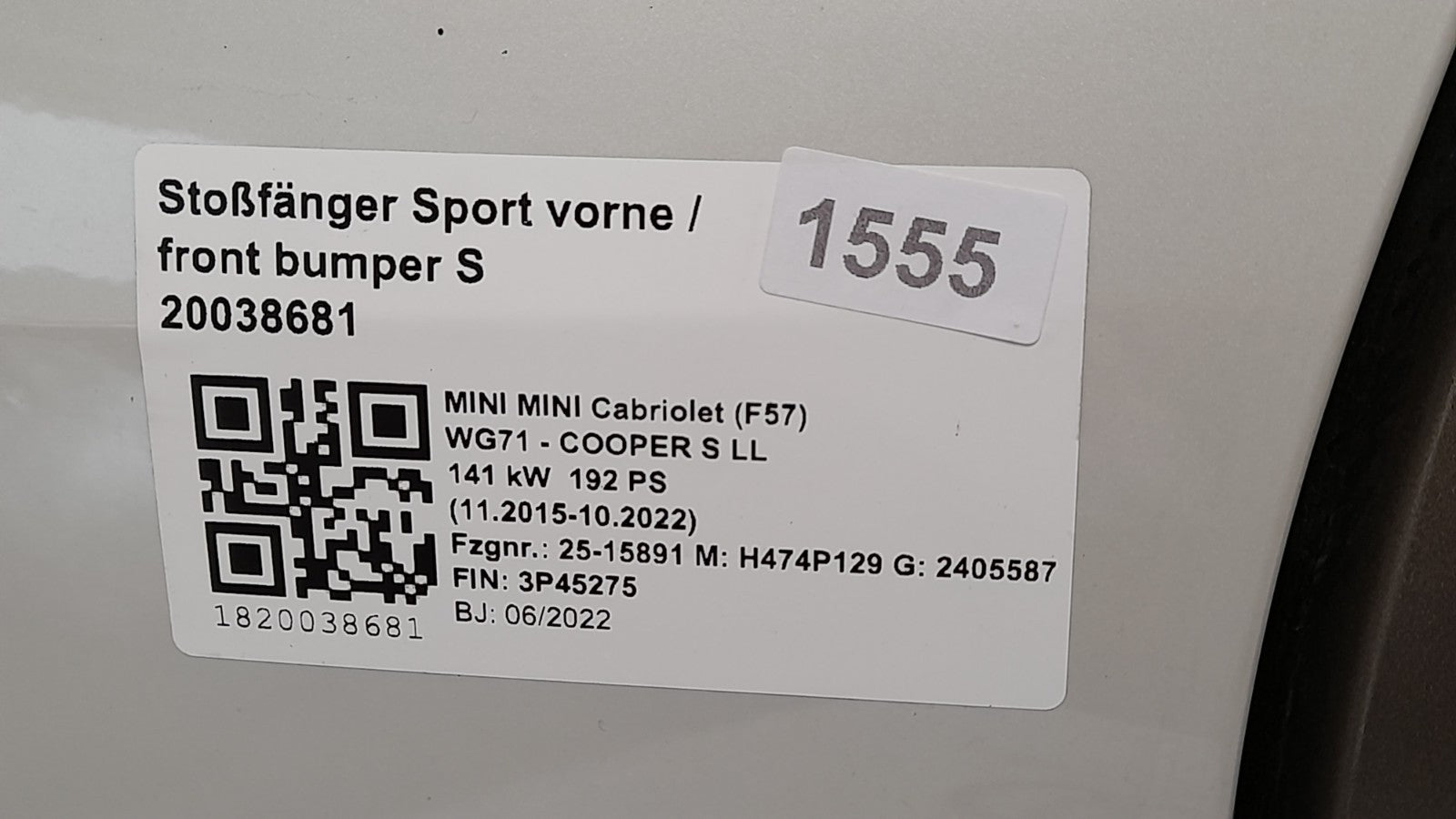 Mini Cabriolet F57 Stoßstange Sport mit PDC front bumper Nanuq White 5A3C895