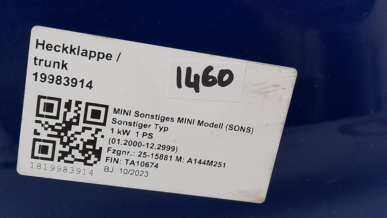 Orig. Mini Cooper SE J01 Hecklappe Trunk lid Hinten Kamera Blazing blue 9648515