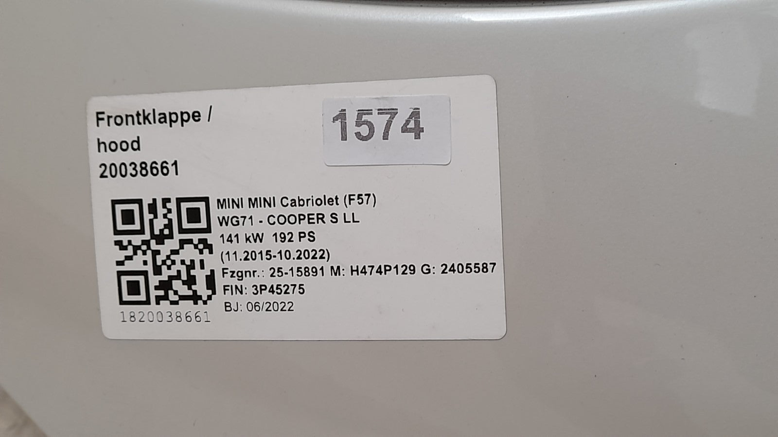 Mini Cabriolet Sport F57 Motorhaube Frontklappe Hood Nanuq White 8499869