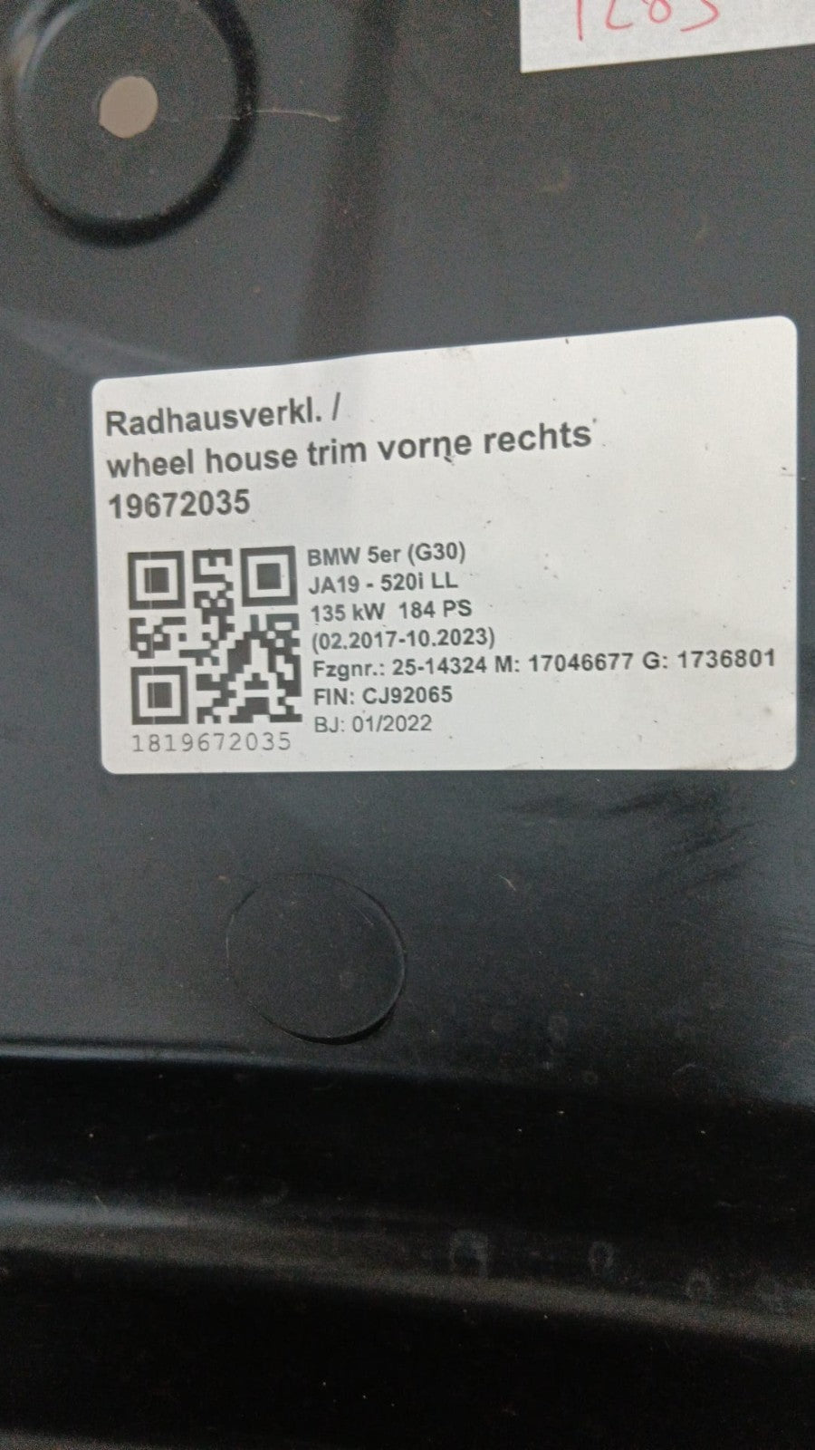 BMW 5 G30 G31 G38 Abdeckung Radhaus Vorderteil vorn rechts 7340786 cover, wheel