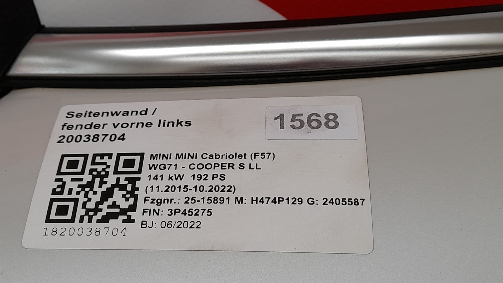 Mini Cabriolet Sport F57 Seitenwand Kotflügel Fender links Nanuq White 7374521