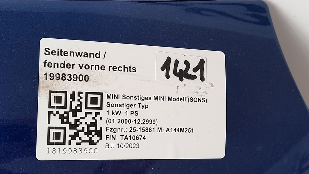 Orig. Mini J01 Cooper SE Seitenwand Kotflügel Fender rechts Blazing blue 9640655