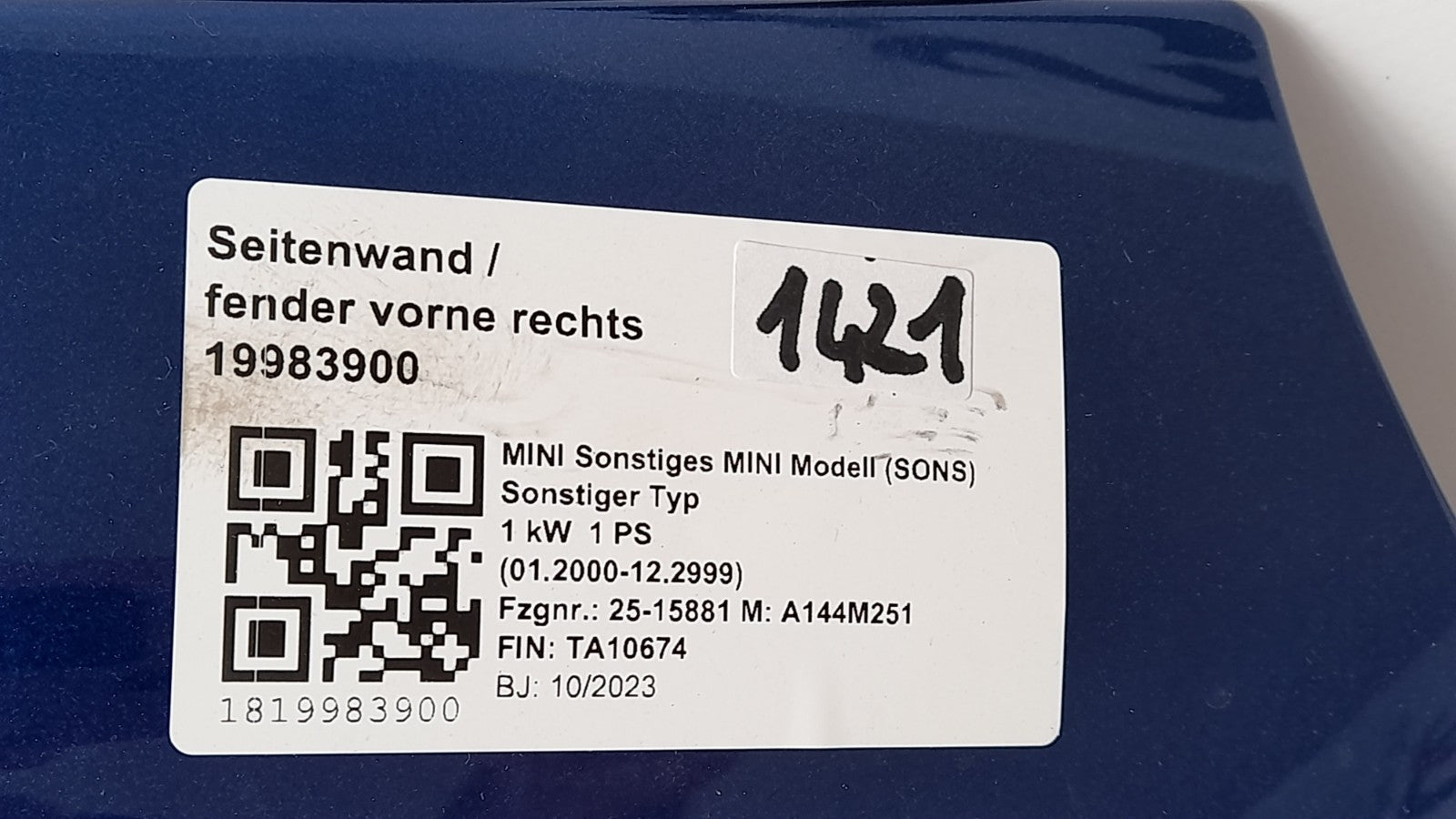 Orig. Mini J01 Cooper SE Seitenwand Kotflügel Fender rechts Blazing blue 9640655