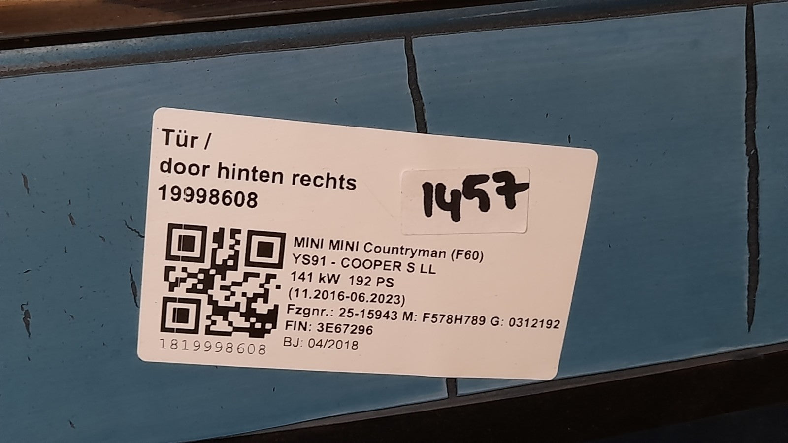 Orig. Tür Mini Countryman F60 7438598 Rechts Hinten Door, island-blue metallic