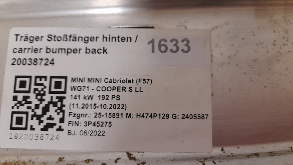 Original BMW Mini F56 F57 Träger Stossfänger hinten 7300788 Carrier, bumper rear [69]