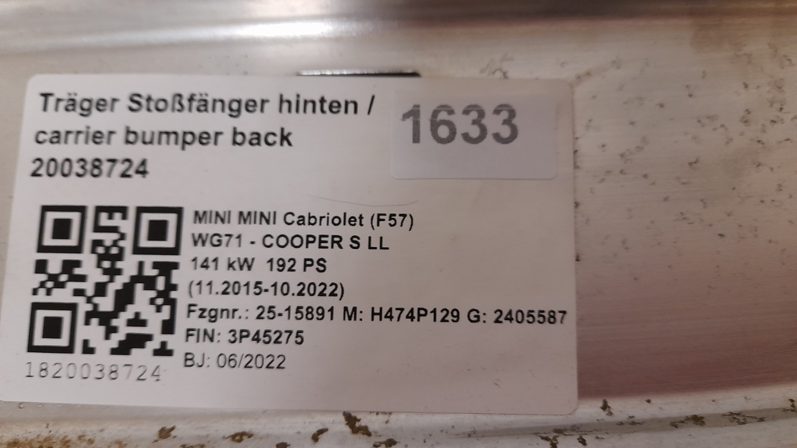 Original BMW Mini F56 F57 Träger Stossfänger hinten 7300788 Carrier, bumper rear [69]