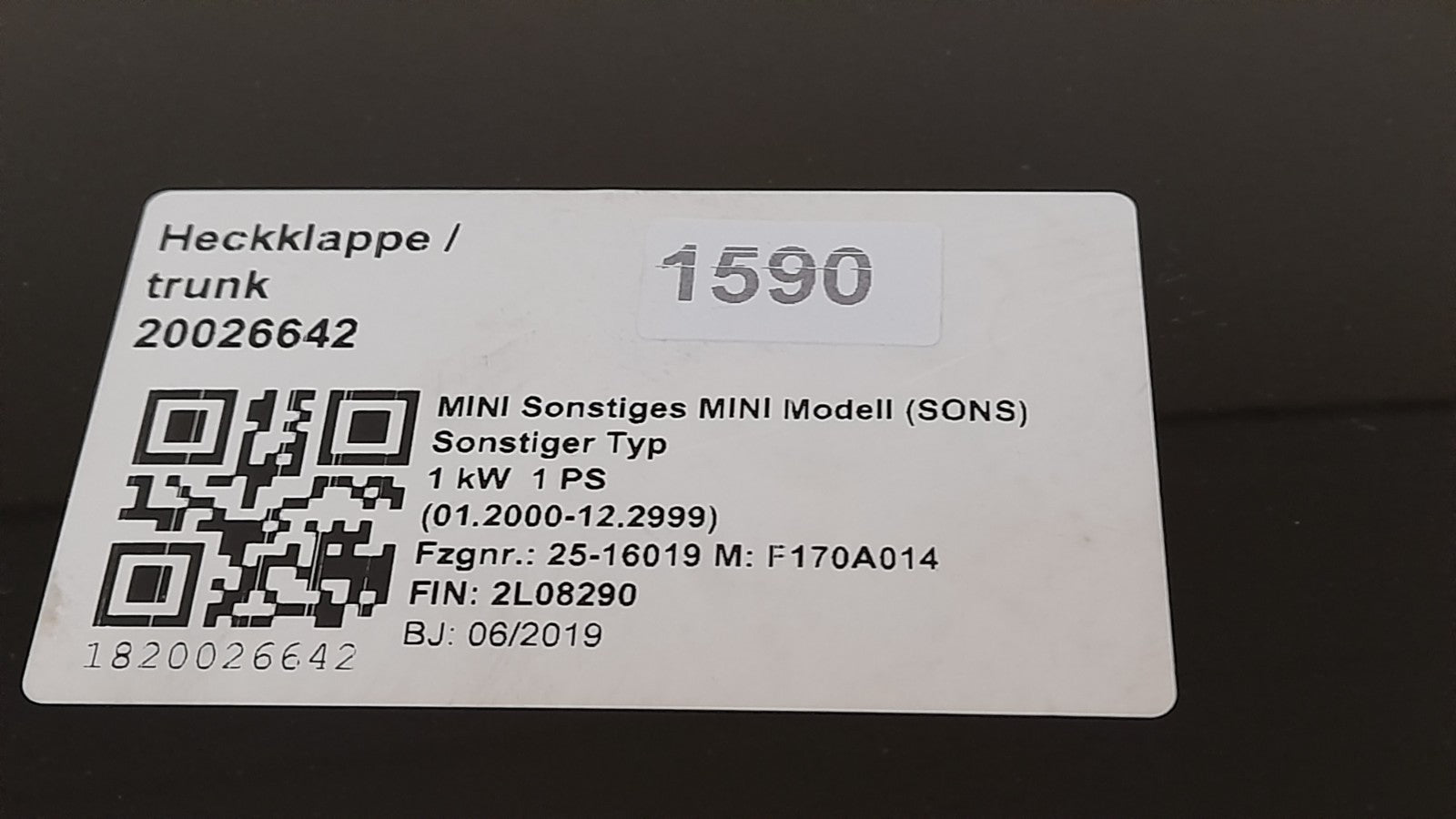 Mini Cooper SE F56 Heckklappe trunk mit Kamera  white-silver metallic 7320545