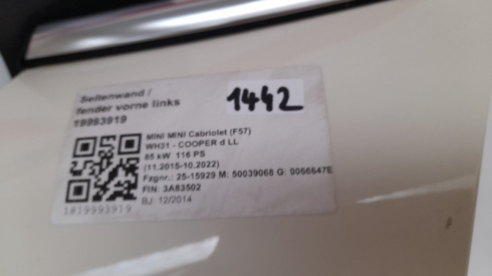 Original MINI Cooper F55 F56 F57 Kotflügel Seitenwand vorne links weiß 7374521