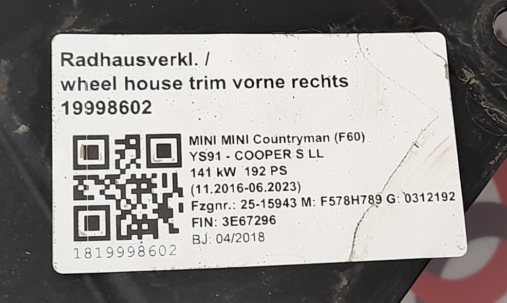 Original MINI COUNTRYMAN F60 Radhausverkleidung rechts vorne 19986210
